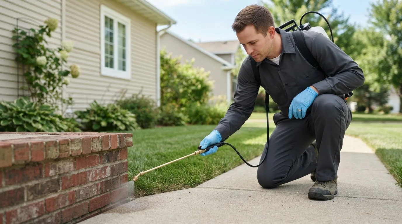 Pest control technician treating a home near Claire City, SD