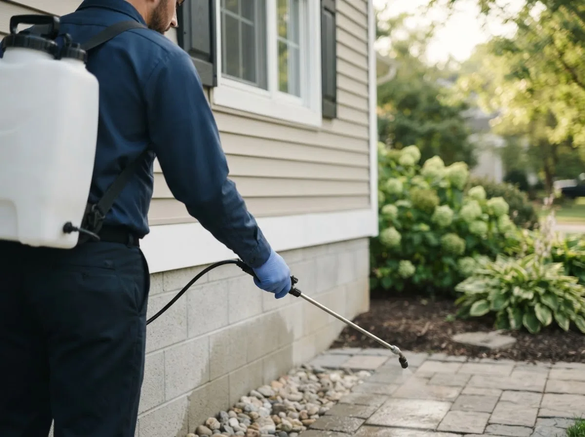 Pest control technician inspecting a home in Claire City, SD